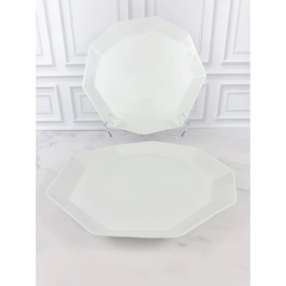 RARE! Pair (2) West Elm White Porcelain Nonagon Dinner Plates 10 3/4